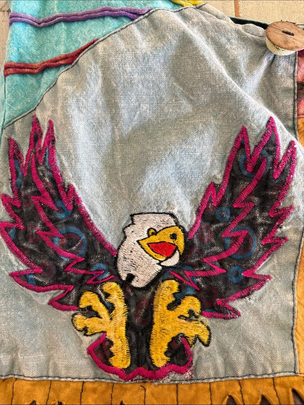 Bohemian Hippie Multicolor Patchwork Slouch Crossbody Bag with Eagle Embroider